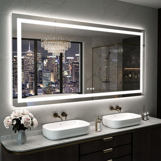 LED Mirror for Bathroom, 66x36 Inch Backlit + Front Lighted Bathroom Vanity Mirror with Lights for Wall, Double Light Strips, 3 Colors, Shatter-Proof, Anti-Fog and Brightness Memory