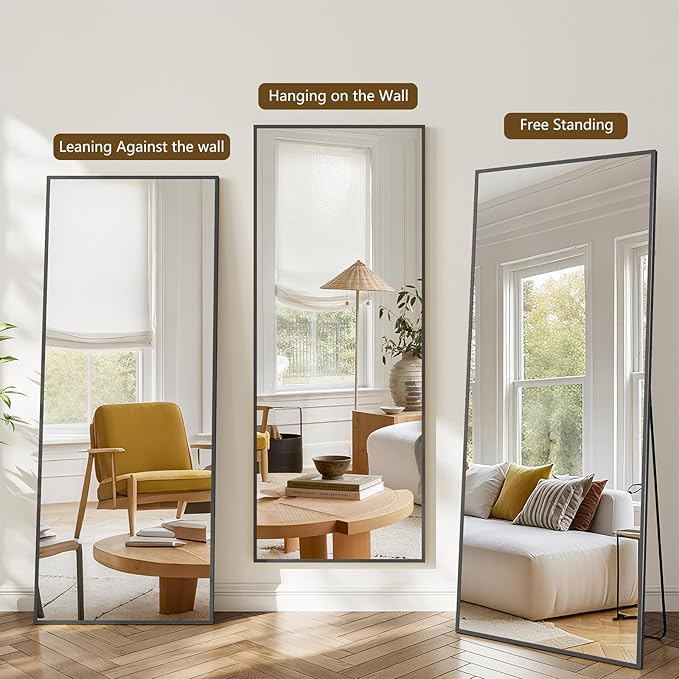 Koonmi 65"x24" Floor Mirror Full Length, Bedroom Floor Body Mirror with Stand, Large Black Mirror, Leaning, Standing or Hanging Horizontally/Vertically