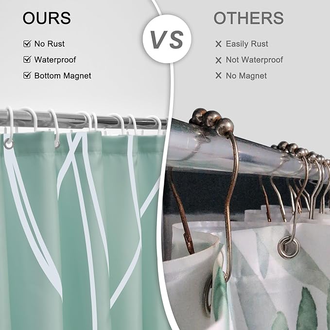 Punkray Light Green Shower Curtain for Bathroom with Hooks Shower Curtain Set, White Stripe Bath Curtains Decorative Shower Curtains Water Repellent Washable, 72 x 72