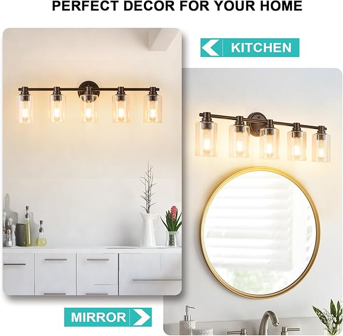 Bathroom Light Fixtures Wall Sconce Light with Clear Glass Oil Rubbed Bronze 5 Lights Bathroom Lighting Over Mirror Vanity Lights for Living Room,Bedroom,Restroom,Hallway E26 Base