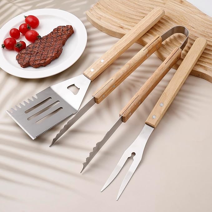 Artisanal Wood-Handled BBQ Set - Robust Stainless Steel Spatula, Fork & Tongs | Stylish Family Gathering Outdoor Camping Grill Tools