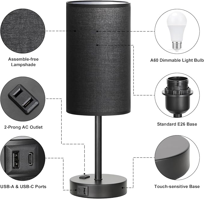 Touch Nightstand Lamp - Black, 3-Way Dimmable, USB A + C Charging, AC Outlet, 17.4inch Medium