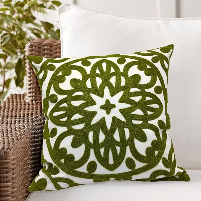Alysheer Embroidered Decorative Throw Pillow Cover 18x18 inch, Cozy Boho Mandala Chic Knit Pattern, Soft 100% Cotton Canvas Cushion for Sofa Couch Living Room Bedroom(Olive Green)