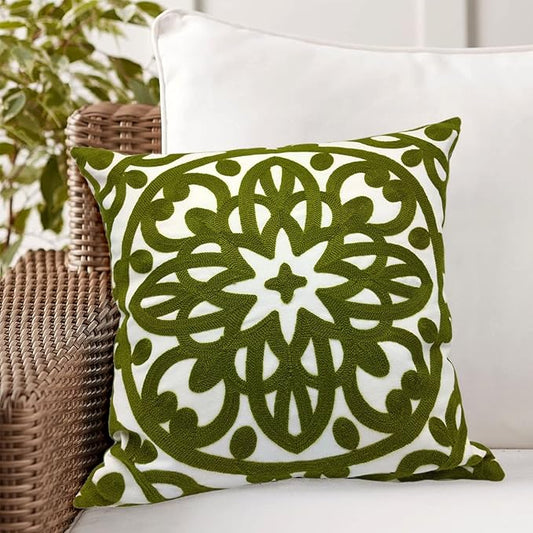 Alysheer Embroidered Decorative Throw Pillow Cover 18x18 inch, Cozy Boho Mandala Chic Knit Pattern, Soft 100% Cotton Canvas Cushion for Sofa Couch Living Room Bedroom(Olive Green)
