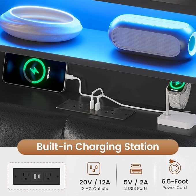 AOGLLATI King Size Bed Frame with 4 Storage Drawers, Black King Bed Frame Wood with Charging Station (Type-C and USB), Led Light and Hidden Bookcase Headboard, Black