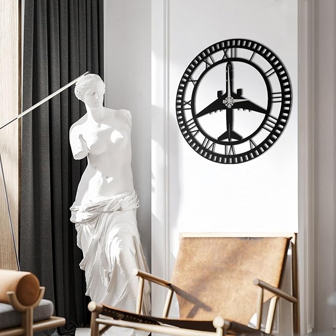 Metal Wall Clock | Airplane Silhouette Design | Roman Numerals | Silent Non-Ticking | Aviation Decor for Pilot, Traveler, Home, Office & Kids Room (19.7"x19.7")