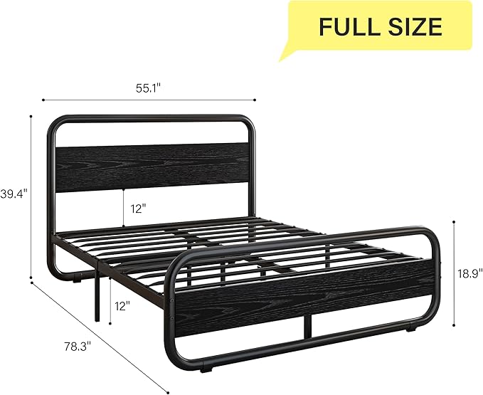 Catrimown Full Size Bed Frame with Wood Headboard, Metal Bed Frame with Under Bed Storage, Black Bed with 20 LED Light Modes, Noise Free, No Box Spring Needed, Black