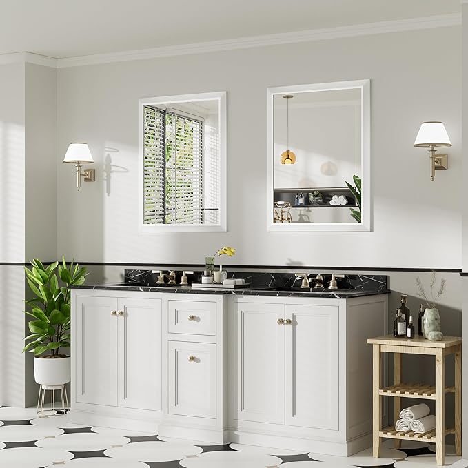 28x36 Inch White Bathroom Mirror for Wall, Thick Metal Framed Rectangle Mirrors for Over Sink, Bedroom, Living Room, Entryway, Anti-Rust, HD Tempered Glass