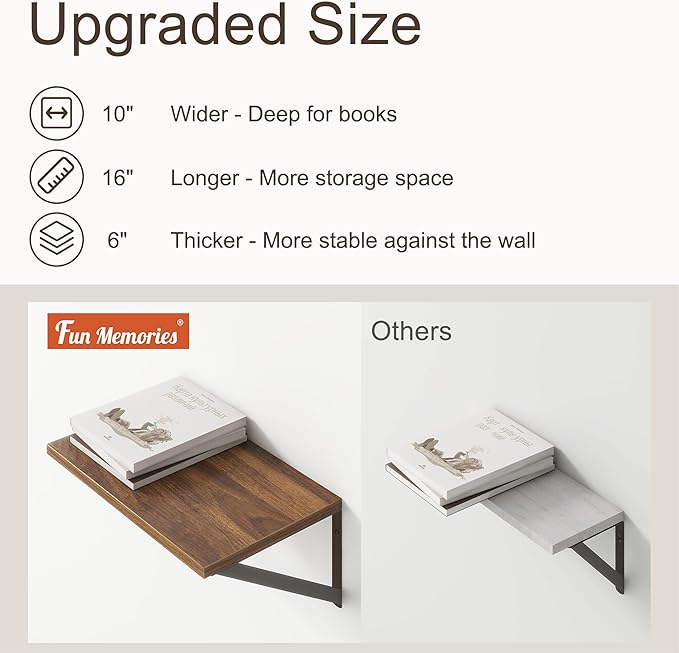 Fun Memories 10 Inch Deep Floating Shelves, Walnut Floating Shelf 16 Inch Long, 16" W x 10" D Wall Shelves Set of 2, Deep Shelves for Books, Wide Floating Shelves for Bahtoom, Living Room, Kitchen