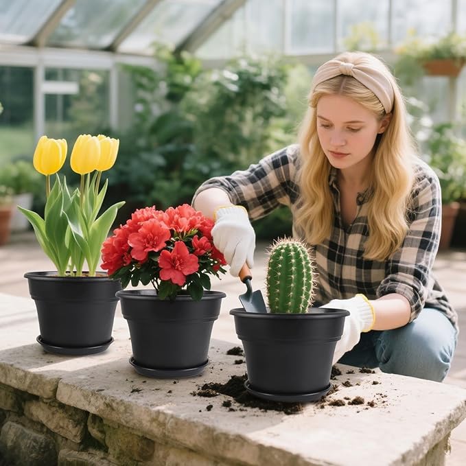 6-inch-Plant-Pots-Indoor-Outdoor, 6 Pack Plastic Planters with Drainage Holes & Saucers, Resin Flower Pots with Trays, Classic Garden Pot Container for House