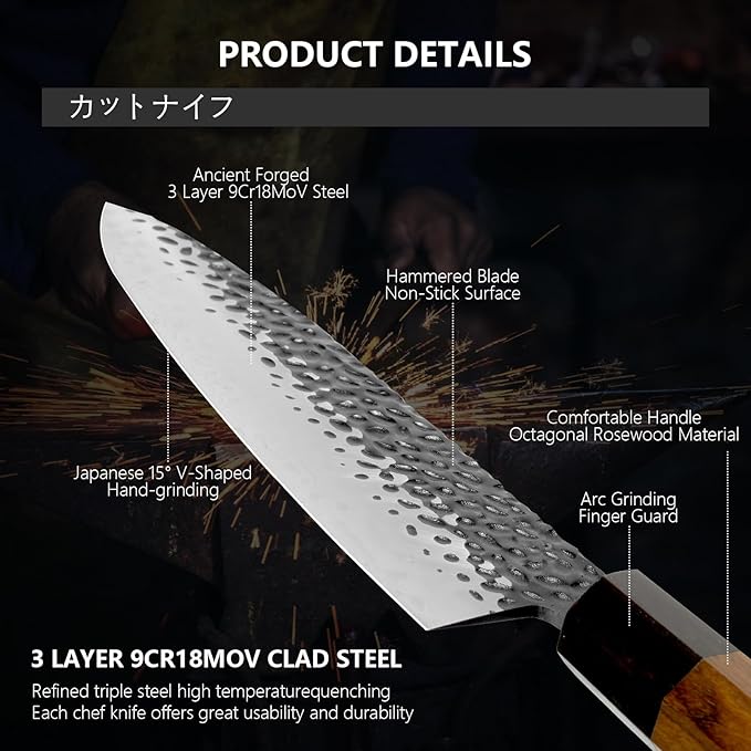 8 Inch Japanese Gyuto Chef Knife-3 Layers 9CR18MOV High Carbon Kitchen Knife, Professional Hand Forged Meat Sushi Kitchen Knife with Rosewood Handle & Gift Box