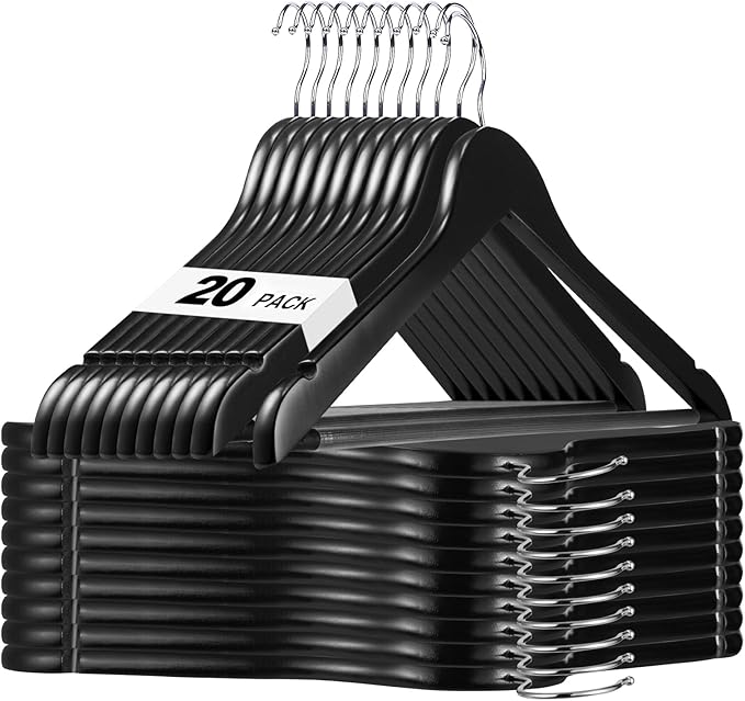 HOUSE DAY Black Wooden Hangers 20 Pack, Solid Wood Hanger with Non Slip Pant Bar, Heavy Duty Wooden Coat Hanger for Closet, Smooth Finish Wood Clothes Hangers for Shirts, Suits, Jackets, Dress