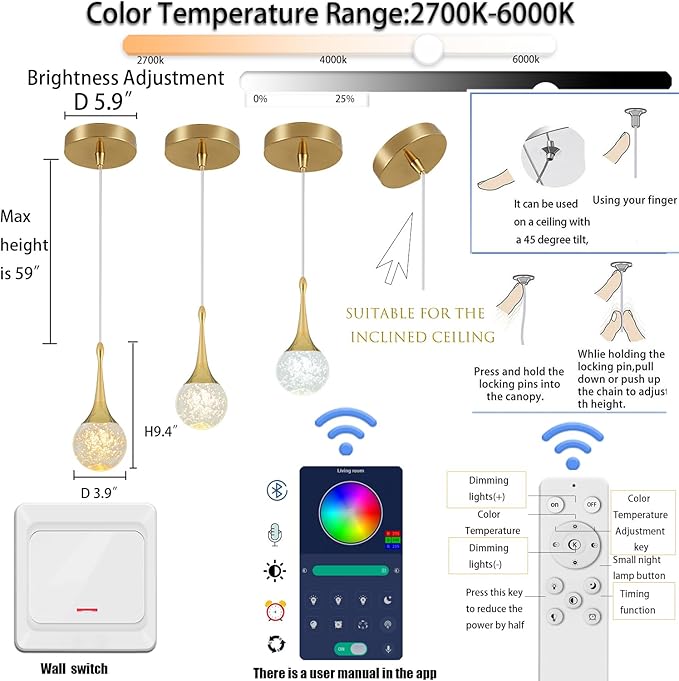 Flashing God Gold 1 Light Teardrop Crystal Pendant Lighting,Integrated Pendant Light with Crystal Bubble for Kitchen Island Globe Fixtures, Chromed Finished 2700k 4500k 6000k
