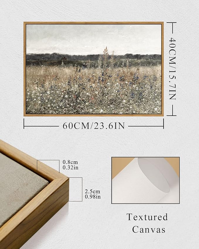 InSimSea Framed Canvas Wall Art Vintage Decor, Wildflower Field Vintage Wall Art Canvas Prints, Modern Farmhouse Bathroom Home Wall Decor, 16"x24"