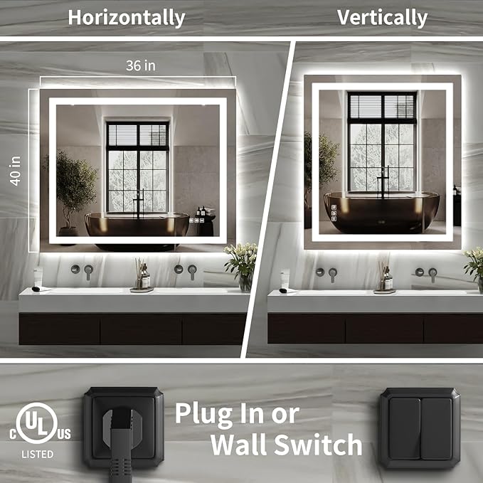 LED Mirror for Bathroom, 40x36 Inch Backlit + Front Lighted Bathroom Vanity Mirror with Lights for Wall, Double Light Strips, 3 Colors, Shatter-Proof, Anti-Fog and Brightness Memory