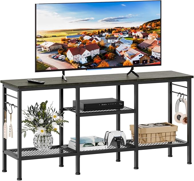 Furologee TV Stand for TVs up to 55 Inch, Entertainment Center with Open Storage Shelves, Media Console Table with Soundbar Shelf for Living Room, Bedroom, Black Oak