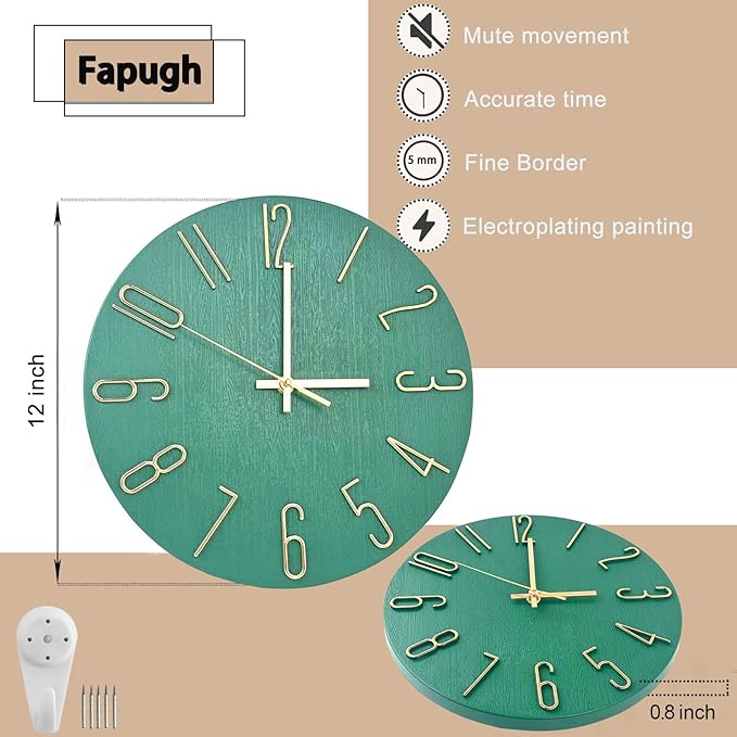 Faupugh 12 inch Silent Wall Clock, Battery Powered Wall Clock, Suitable for Home, Office, School, Kitchen, Bedroom, Living Room (Grass Green)