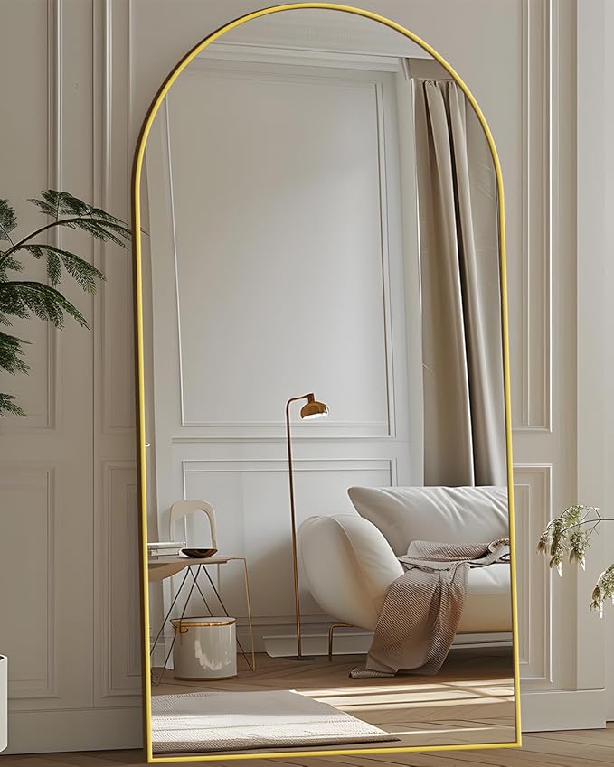 Antok Full Length Mirror, 71"x28" Floor Mirror with Stand, Hanging Mounted Mirrors for Bedroom, Living Room, Cloakroom, Dining Room, Gold, Arched