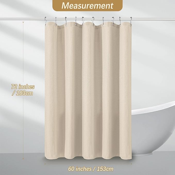 Beige Fabric Shower Curtain - Waffle Textured Heavy Duty Shower Curtains for Bathroom, 256GSM Hotel Spa Luxury Weighted Bath Curtain with 10 Hooks, 60x72, Beige