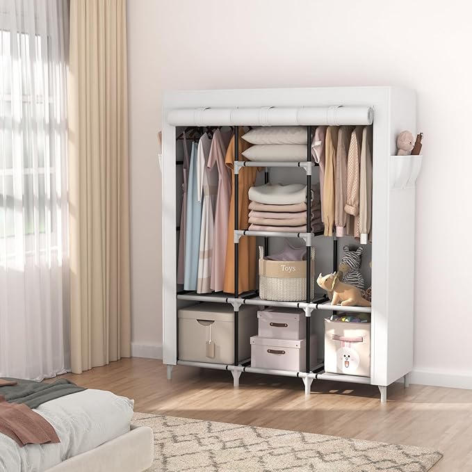 VTRIN Portable Closet Wardrobe for Hanging Clothes with 2 Hanging Rods and 8 Storage Organizer Shelves,Sturdy Large Wardrobe Closet for Bedroom Free Standing Clothes Rack with Cover,White