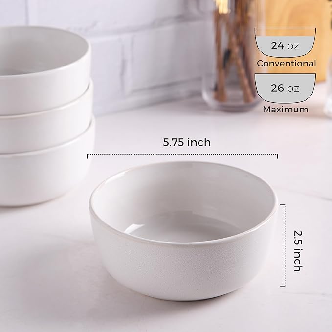 AmorArc Cereal Bowls Set of 6 for Kitchen, 26oz Stoneware Soup Bowls Set for Cereal,Soup, Modern Kitchen Bowls for Meal, Dishwasher &Microwave Safe, Reactive White