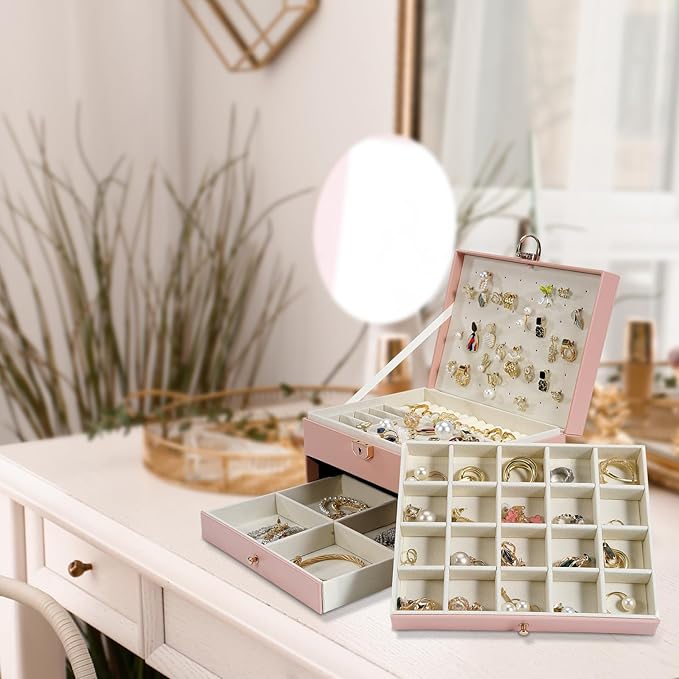 3-Layer Jewelry Box for Women, Jewelry Organizers and Storage with Removable Jewelry Tray, Vintage Quilted Top Lockable Jewelry Holder Gift Idea Pink