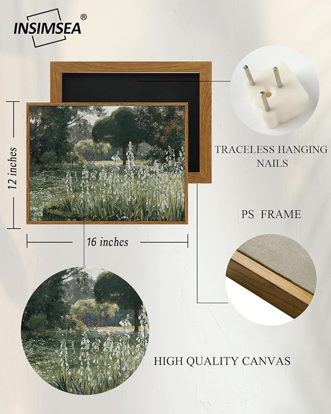 InSimSea Framed Canvas Wall Art Vintage Decor, Landscape Wall Art, Summer Hyacinths Vintage Paintings Prints, Flower Pictures for Bathroom Wall Decor, Wild Field Landscape Wall Picture, 12"x16"