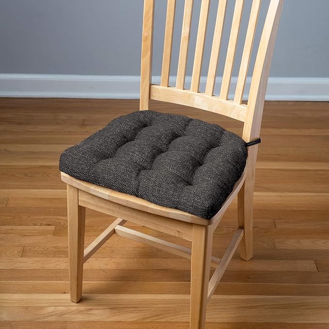 Barnett Home Decor Brisbane Charcoal Dining Chair Cushions with Ties - 16.5 x 18 Size Medium Chair Pad - Latex Foam Fill, Reversible - Made in USA (Dark Gray Black)