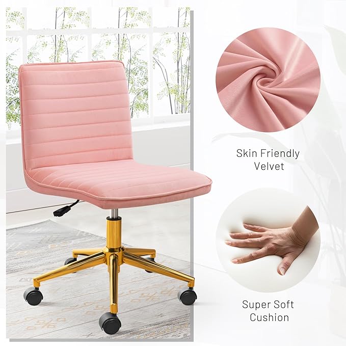 Furniliving Armless Vanity Chair with Wheels, Computer Rolling Desk Chair with Back, Height Adjustable Soft Velvet Fabic Gold Metal Base Stool,Pink
