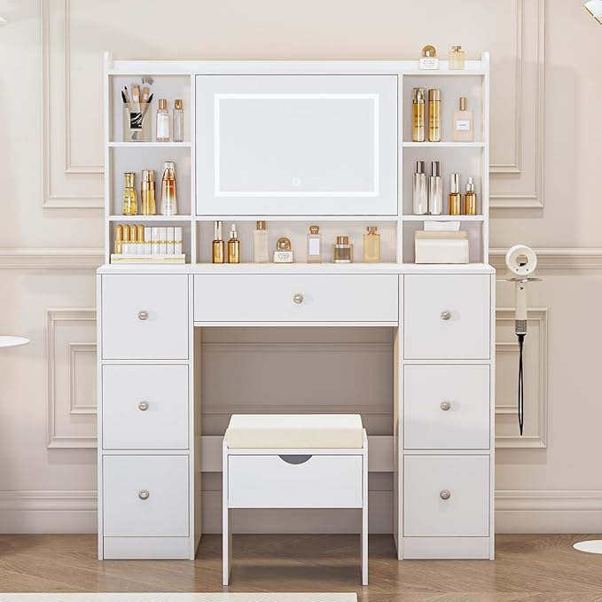 Vanity Desk with Mirror & LED Lights, Built-in Power Outlet, Dimmable LED Lighting, 7 Drawers & 7 Storage Compartments, Includes Padded Stool – Ideal Table for Bedroom Dressing Room (White)