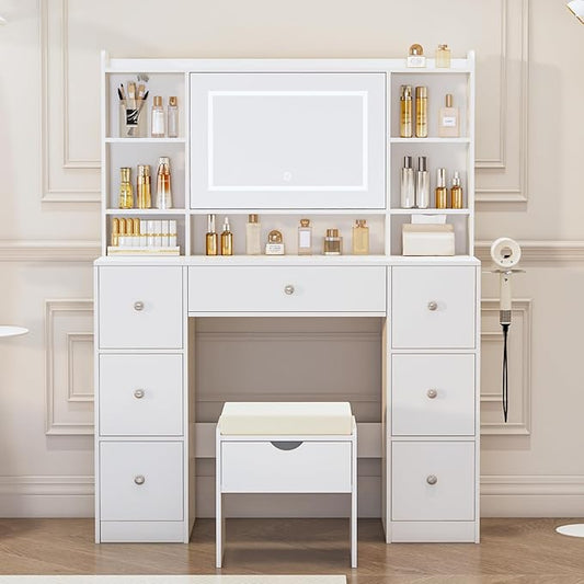 Vanity Desk with Mirror & LED Lights, Built-in Power Outlet, Dimmable LED Lighting, 7 Drawers & 7 Storage Compartments, Includes Padded Stool – Ideal Table for Bedroom Dressing Room (White)