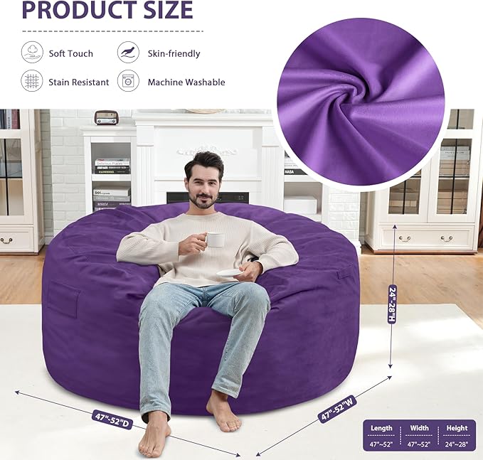 5FT Bean Bag Chair, Large Bean Bag Chairs with Memory Foam Filled, Fluffy Beanbag Sofa with Dutch Velvet Cover, Round BeanBag Chairs for Living Room, Playroom - Purple