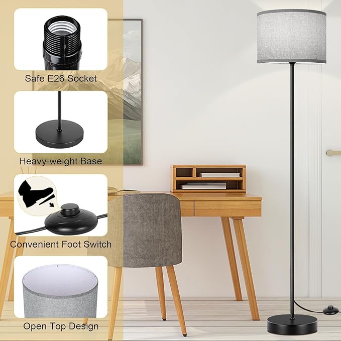 65’’ Tall Floor Lamp for Bedroom, Living Room Pole Floor Light with Grey Shade, Dimmable Standing Floor Lamp with 3-Color Changing LED Bulbs, Simple Design E26 Stand-up Lamp with Foot Switch