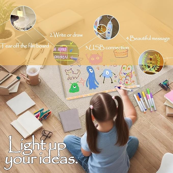 LED Note Board with 7 Colors Pen, 2025 New Acrylic Message Marker Board with Stand, Lighted Acrylic Dry Erase Board Illuminated Drawing Board Light with Colors for Office Home Christmas (20 * 20 cm)