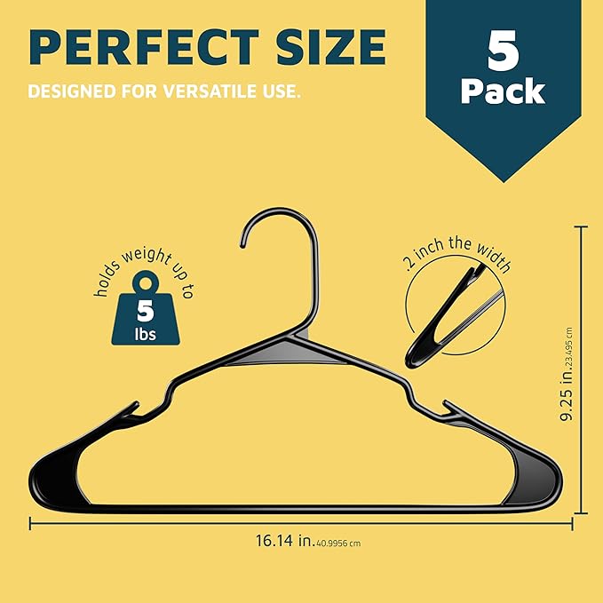 Plastic Clothes Hangers – Heavy Duty Hanger Set, for Organizing Clothes, Dresses, and Coat, Holds Up to 5 lbs, Space-Saving Hangers with Non-Slip Shoulder Grooves, Pack of 5, Black