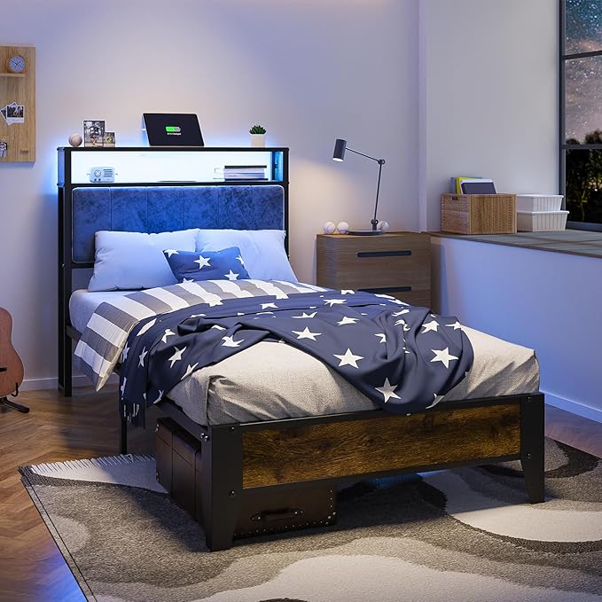 OLEVS Twin Bed Frame with LED Light Storage Headboard and Charging Station Type C, Metal Platform Bed Twin Size,No Box Spring Needed, Noise Free, Easy Assembly