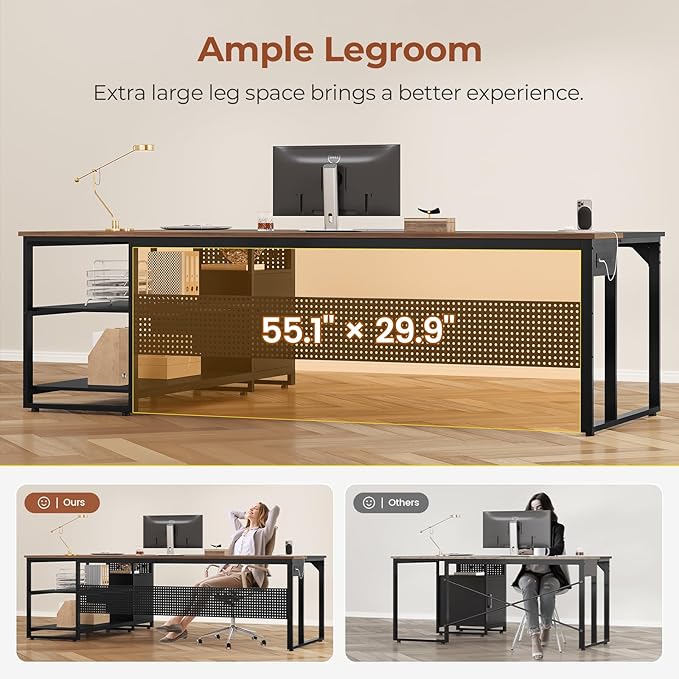 71" Executive Desk, Reversible L Shaped Desk with Mobile File Cabinet & Power Outlets, Large Office Desk with Drawers, Storage Shelves, Hooks, Corner Computer Desk for Home Office (Walnut)