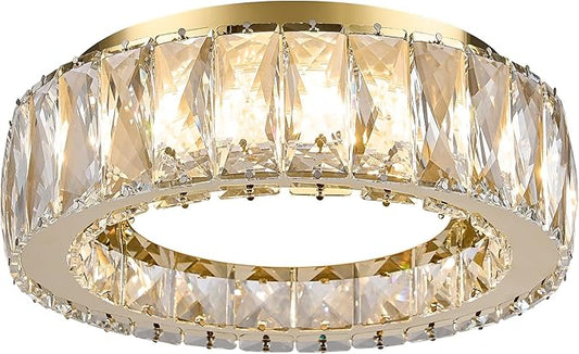 Crystal Gold Flush Mount Ceiling Light Fixture,Dimmable LED 5CCT 3000K-6000K Chandelier,11 Inch Modern Small 24W Round Lighting Fixtures for Kitchen Hallway Foyer Laundry Room