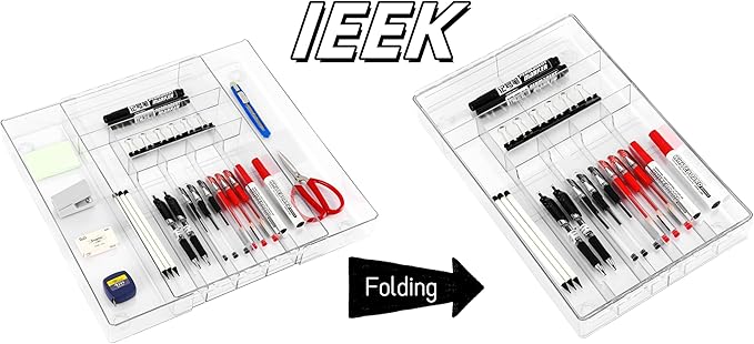 IEEK Utensil Organizer for Kitchen Drawers Expandable Flatware Organizer Utensil Tray Adjustable Cutlery Silverware Holder,Kitchen Drawer Organizer Tray for Knives,Forks,Spoons,Chopsticks,Clear-L