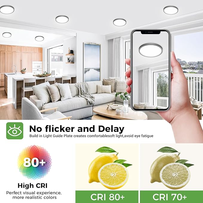 zemty 12Pack LED Flush Mount Ceiling Lights, 6.5 Inch 12W 1200lm Lighting Fixtures Recessed, Adjustable 3000K 4000K 6500K, Round Modern Ceiling Lamp for Bathroom Closet Hallway (Black)