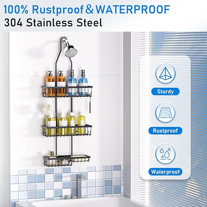 Shower Caddy Hanging,Triple Adjustable Shower Organizer,Extended Length shower rack with Soap Holder,Black