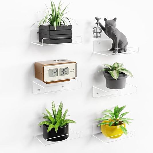 upsimples 6 Pack 6'' x 4'' Acrylic Small Shelves, Floating Shelves for Wall, Display Shelf Organizer for Plants, Speaker, Radio, Toys, Clear