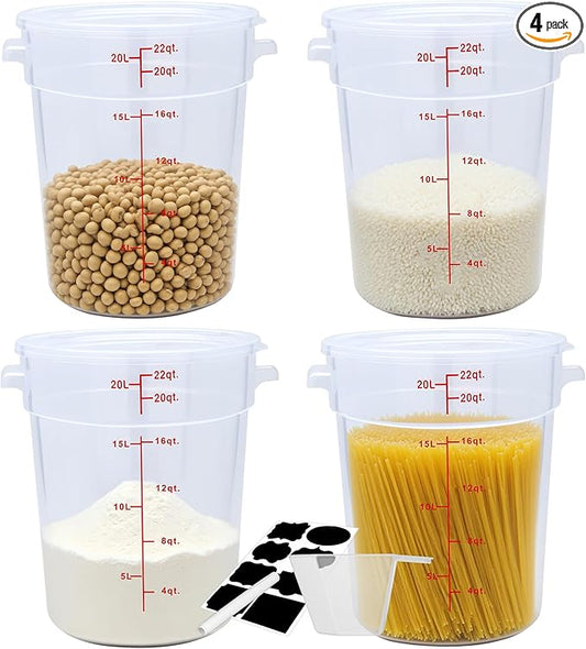 4 Pack 22QT Round Food Storage Containers with Lids, BPA-Free Polypropylene NSF Commercial Food Container, with Labels & Measuring Cup