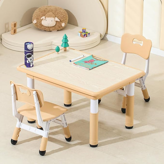 Kids Table and Chairs, Height-Adjustable Toddler Table and Chair Set with 31.5''Lx23.6''W Graffiti Desktop, Table Chair for Ages 3-8, Childrens Table and Chair Set for Daycare with 2 Chairs, Brown