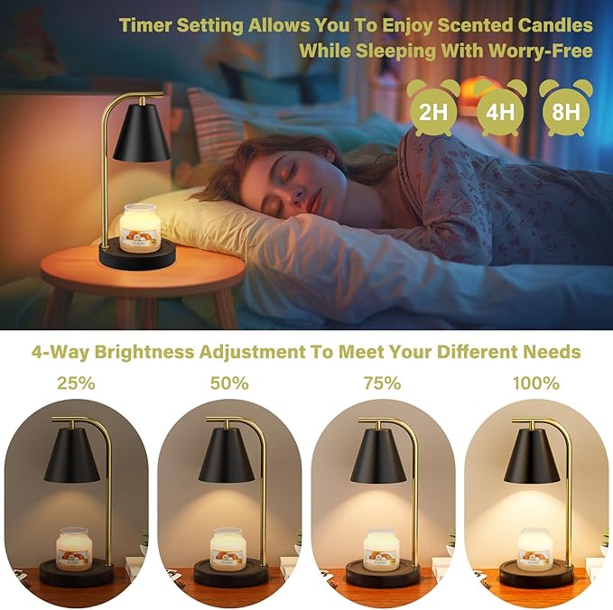Black and Gold Candle Warmer, Candle Warmer Lamp with Timer，Electric Candle Lamp Warmer for Scented Wax with 2 Bulbs，House Warming Gifts New Home&Gifts for Women, Candle Lamp for Jar Candles
