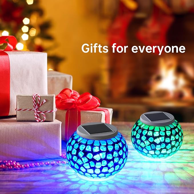 Color Changing Solar Powered Glass Mosaic Ball Led Garden Lights Rechargeable Outdoor Waterproof Solar Night Lights Table Lamps for Decorations Blue