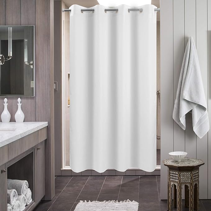 River Dream No Hook 60" Width Shower Curtain Microfiber - Soft Fabric Shower Stall Curtain Hotel Grade, Waterproof & Machine Washable, White, 60x74
