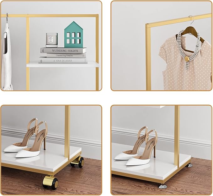 Metal Gold Clothing Rack for Boutique Use, Heavy Duty Garment Rack with Shelves for Retail Display (59L inches)