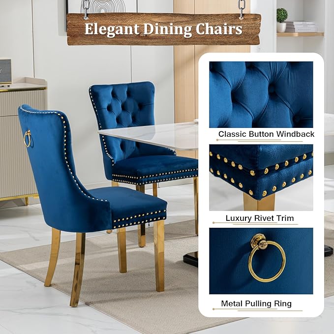 Goujxcy Glass Dining Table Set for 4, Modern Kitchen Table and Chairs Set of 4, 5-Piece Kitchen Dining Room Table Set w/51 Glass Gold Dining Table and 4 Blue Velvet Upholstered Chairs