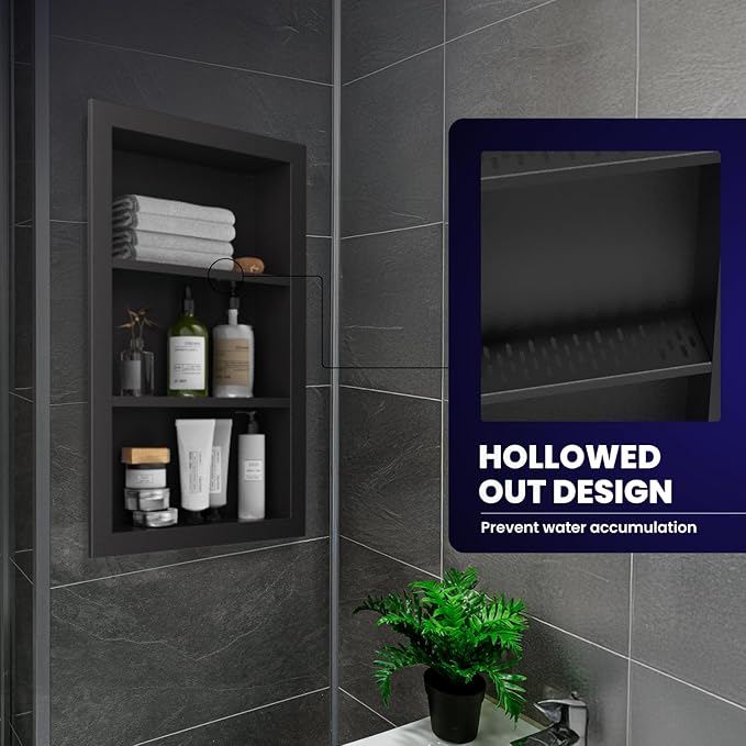 Stainless Steel Shower Niche 14" X 24"，3-Tier Shelf Niches Bathroom Shelf Recessed Wall Niche No Tile Needed Shower Shelf for Bathroom Storage(Black, 14 x 24)